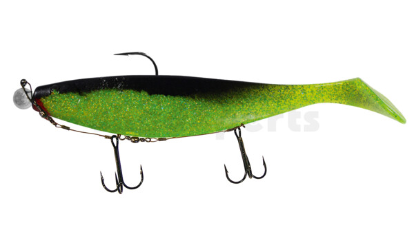 000423M067-25 Xtra-Soft 9" (ca. 23,0 cm) grün (chartreuse) glitter / schwarz, montiert auf MUXRO 12/0 25g, mit Beihänger-System