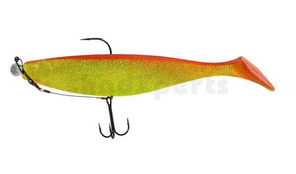 000418M068-20 Xtra-Soft 7" (ca. 18,0 cm) grün(chartreuse)-Glitter / rot, montiert auf MUXRO 10/0 20g