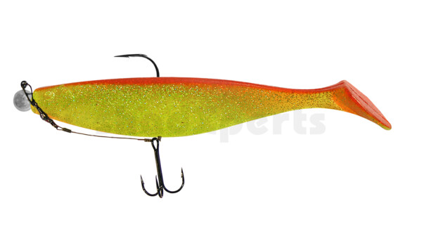 000418M068-25 Xtra-Soft 7" (ca. 18,0 cm) grün(chartreuse)-Glitter / rot, montiert auf MUXRO 10/0 25g