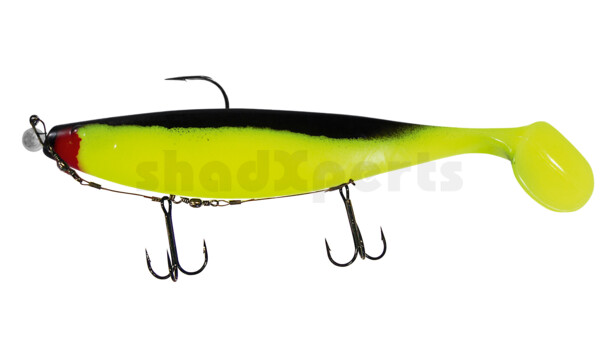 000423M056-15 Xtra-Soft 9" (ca. 23,0 cm) fluogelb / schwarz, montiert auf MUXRO 12/0 15g, mit Beihänger-System