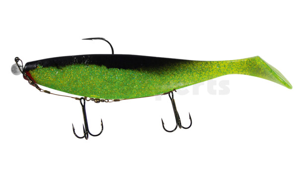 000423M067-15 Xtra-Soft 9" (ca. 23,0 cm) grün (chartreuse) glitter / schwarz, montiert auf MUXRO 12/0 15g, mit Beihänger-System