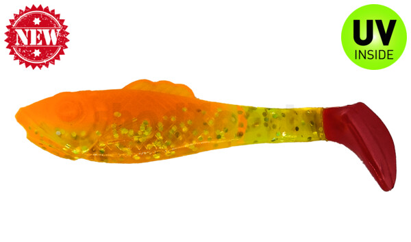 003308B141RT Super Shad 3" (ca. 8 cm) orange-Glitter / fluogrün-Glitter / Red Tail