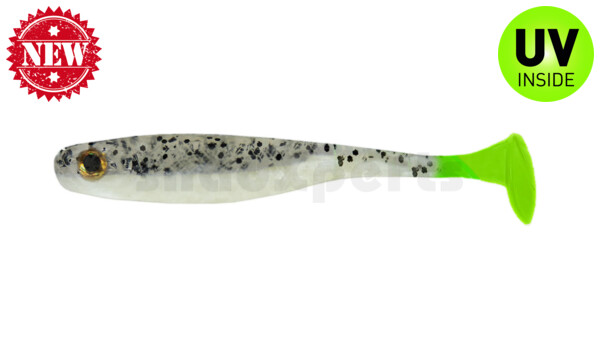 004113B004LT Suicide Shad 5" (ca. 13 cm) im Hartschalenblister perlweiss / klar salt´n pepper Glitter / Lime Tail