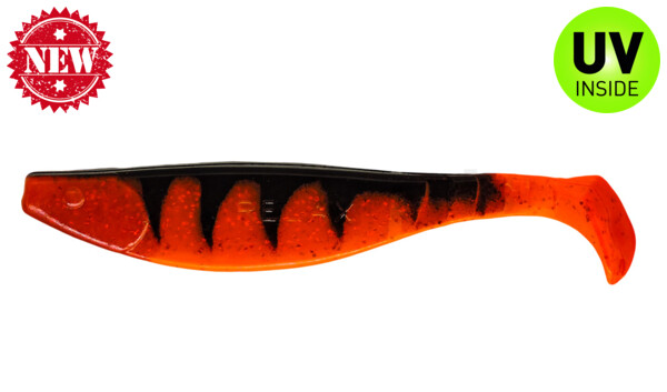 000216-122Z Kopyto-River 6" (ca. 16,0 cm) fluoorange Glitter / Zander / red tail