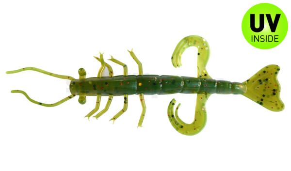 002208B054 Shrimp 3" (ca. 8,0 cm) grün (chartreuse)-Glitter / motoroil Glitter