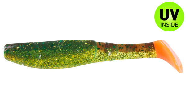 000211B054RT Kopyto-Classic 4" (ca. 11,0 cm) grün (chartreuse)-Glitter / motoroil Glitter / red tail