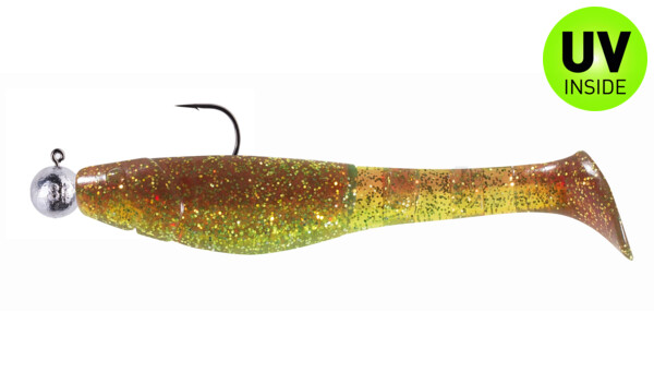 000211MB054-10 Kopyto-Classic 4" (ca. 11,0 cm) chartreuse-glitter / motoroil glitter, mounted on SXRO 6/0 10g