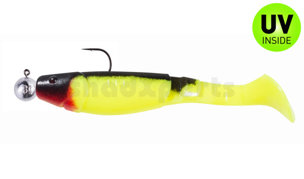 000211M056-10 Kopyto-Classic 4" (ca. 11,0 cm) fluogelb / schwarz, montiert auf SXRO 6/0 10g