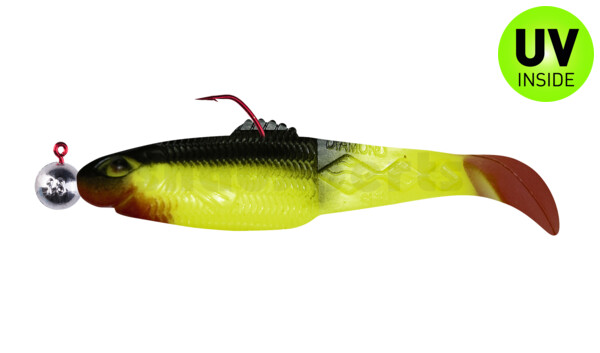001413M056-12 Diamond Shad 5" (ca. 13,5 cm) fluogelb / schwarz, montiert auf HBA 5/0 12g