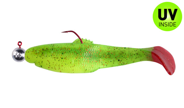 001413MB002RT-12 Diamond Shad 5" (ca. 13,5 cm) fluogelb  / grün-Glitter / Red Tail, montiert auf HBA 5/0 12g
