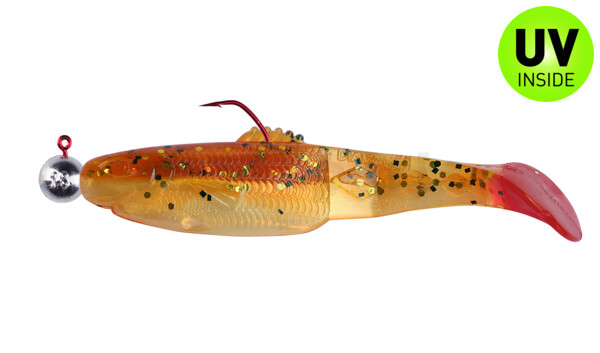 001413MB023RT-12 Diamond Shad 5" (ca. 13,5 cm) goldpearl / motoroil glitter / red tail, mounted on HBA 5/0 12g