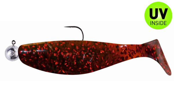 000310M298-10 Jankes 4" (ca. 11,0 cm) motoroil-rot-Glitter, montiert auf SXRO 6/0 10g