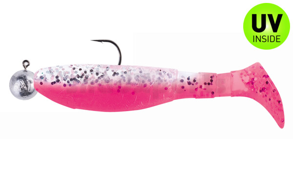 000208MB300-10 Kopyto-Classic 3" (ca. 8,0 cm) bubblegum / clear silver glitter, mounted on SXRO 4/0 10g