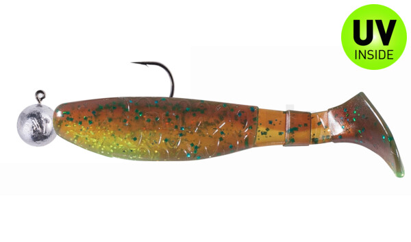 000208MB054-10 Kopyto-Classic 3" (ca. 8,0 cm) chartreuse-glitter / motoroil glitter, mounted on SXRO 4/0 10g