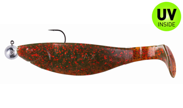 000212M298-10 Kopyto-River 4" (ca. 12,0 cm) motoroil-red-glitter, mounted on SXRO 6/0 10g