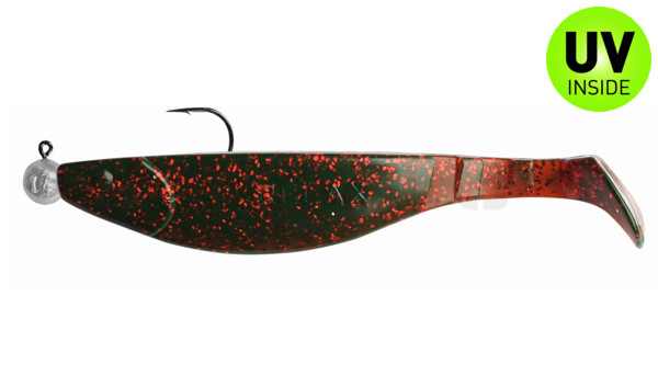 000216M298-14 Kopyto-River 6" (ca. 16,0 cm) motoroil-rot-Glitter, montiert auf MUXRO 10/0 10g