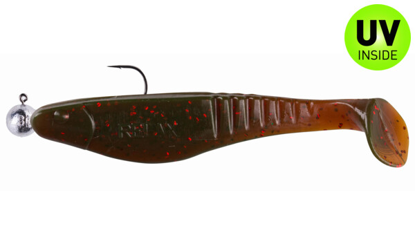 000812M298-14 Shark 4" (ca. 11,0 cm) motoroil-red-glitter, mounted SXRO 6/0 10g