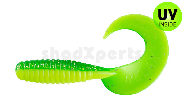 000513B002 Xtra Fat Grub 5,5" laminated (ca. 13,0 cm) silk / lime-orange, black glitter