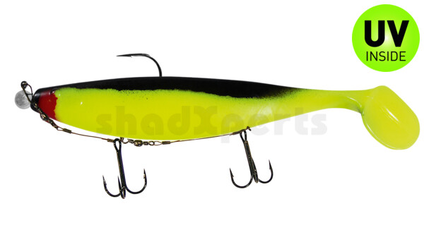 000423M056-20 Xtra-Soft 9" (ca. 23,0 cm) fluogelb / schwarz, montiert auf MUXRO 12/0 20g, mit Beihänger-System