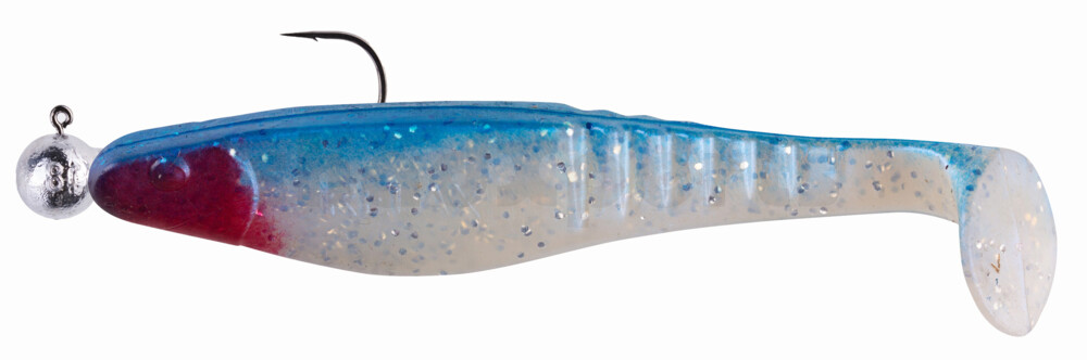 000812M047-14 Shark 4" (ca. 11,0 cm) blauperl-Glitter / blau, montiert auf SXRO 6/0 10g