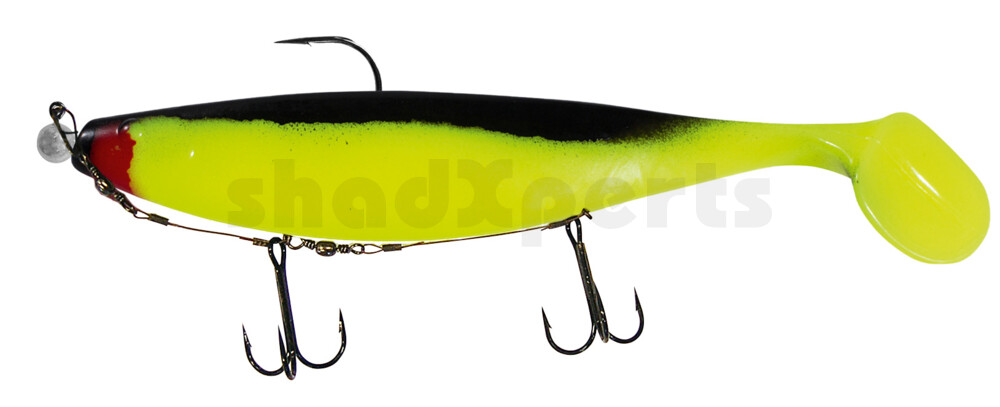 000423M056-15 Xtra-Soft 9" (ca. 23,0 cm) fluogelb / schwarz, montiert auf MUXRO 12/0 15g, mit Beihänger-System