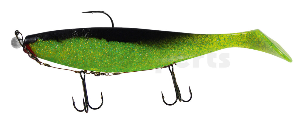 000423M067-15 Xtra-Soft 9" (ca. 23,0 cm) grün (chartreuse) glitter / schwarz, montiert auf MUXRO 12/0 15g, mit Beihänger-System