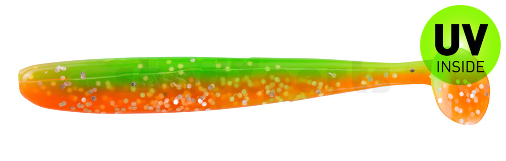003408B141 Bass Shad 3“ (ca. 7,5 cm) orange-Glitter / fluogrün-Glitter