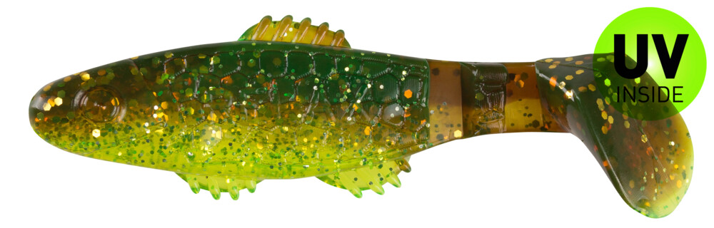 001008B054 Killer Shad 3" (ca. 8,0 cm) grün (chartreuse)-Glitter / motoroil Glitter