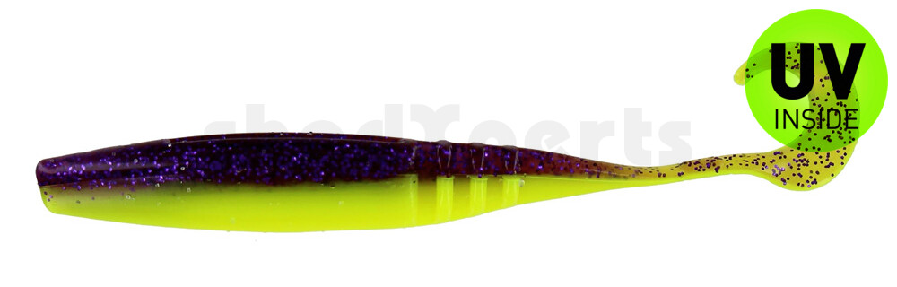 004609022 Jointed Jerk Minnow Curl Tail 3.75" (ca. 9 cm) Purple Glitter/ Opq Chartreuse
