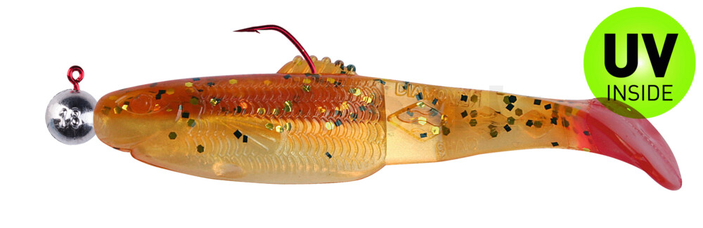 001413MB023RT-12 Diamond Shad 5" (ca. 13,5 cm) goldperl / motoroil Glitter / Red Tail, montiert auf HBA 5/0 12g