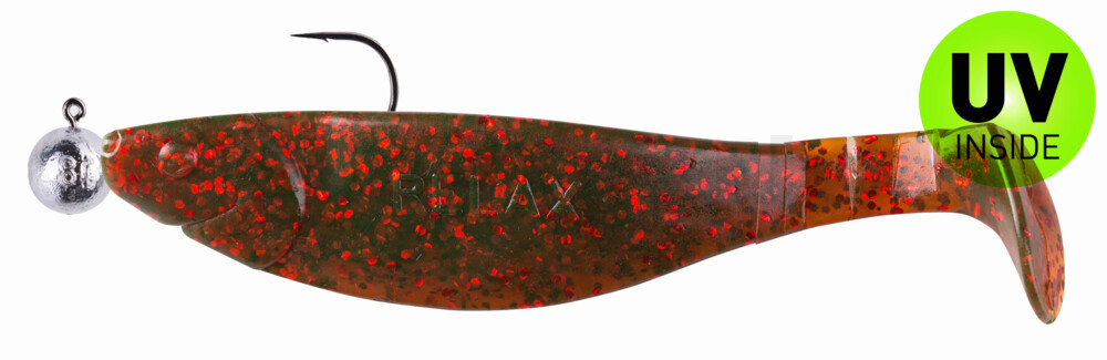 000212M298-10 Kopyto-River 4" (ca. 12,0 cm) motoroil-rot-Glitter, montiert auf SXRO 6/0 10g
