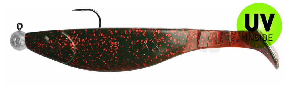 000216M298-14 Kopyto-River 6" (ca. 16,0 cm) motoroil-rot-Glitter, montiert auf MUXRO 10/0 10g