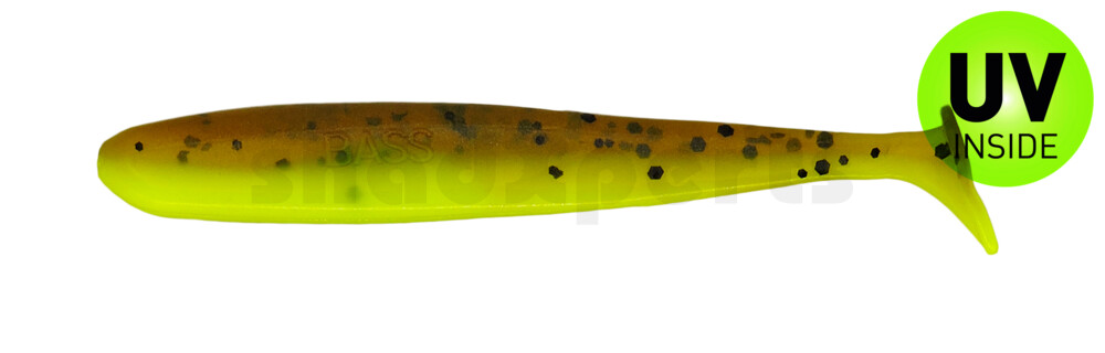 003407B110 Bass Shad 2,5" (ca. 7 cm) fluogelb  / olivebraun-Glitter