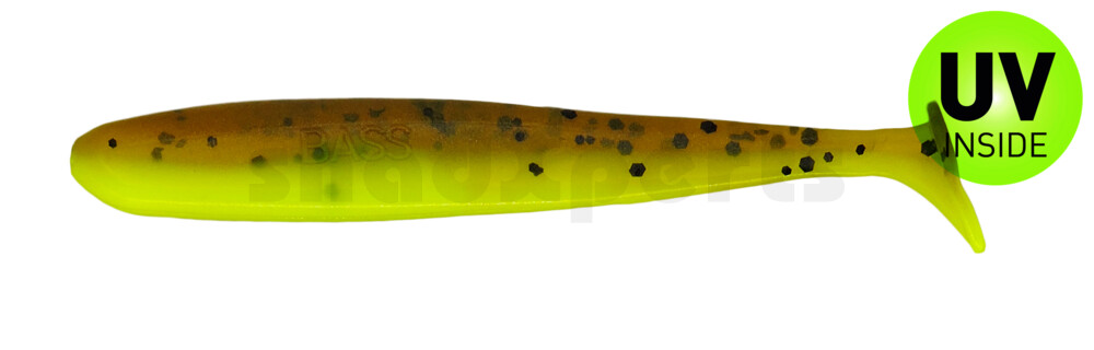 003408B110 Bass Shad 3“ (ca. 7,5 cm) fluogelb  / olivebraun-Glitter