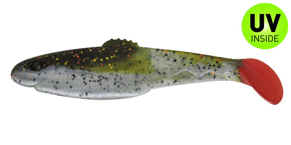 001413B188RT Diamond Shad 5" (ca. 13,5 cm) reinweiss / olive-tree-Glitter / red tail