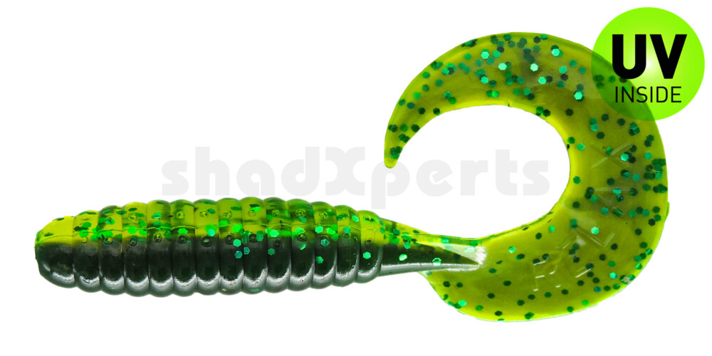 000508B113 Twister 4" laminiert (ca. 8,0 cm) grün (chartreuse)-Glitter / blau-violett Glitter